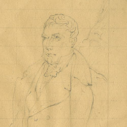 Bust-length sketch drawn on graph-lined paper of man wearing overcoat