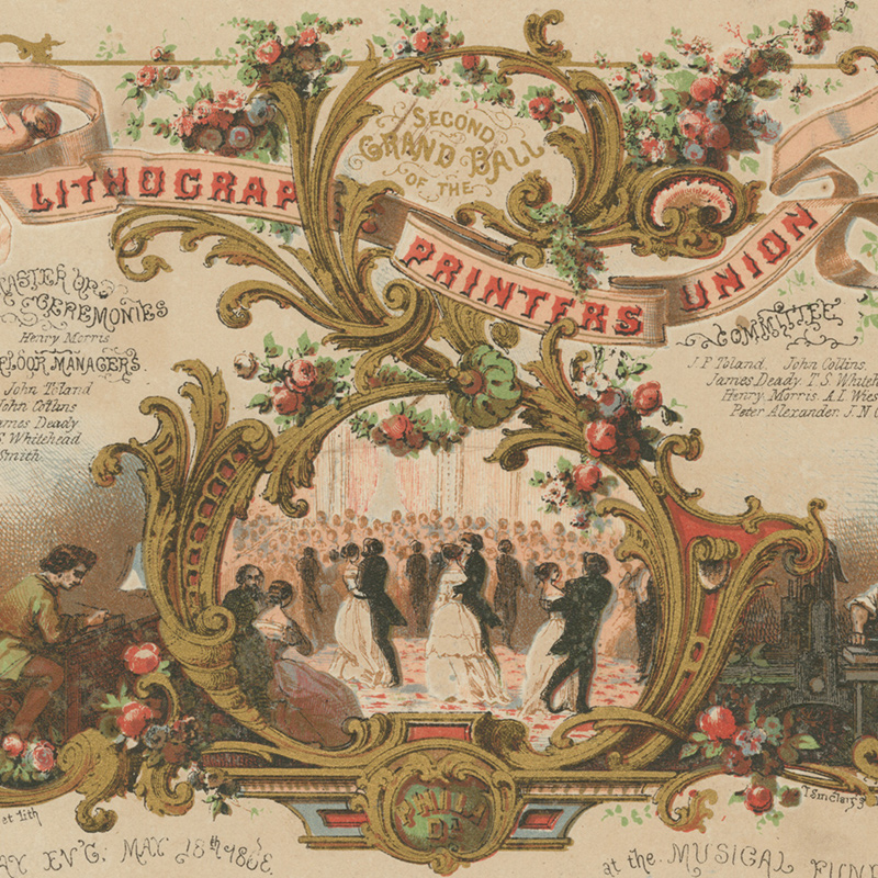 Invitation with filigree and floral details and scenes of a ball and lithographers at work at drawing an image on a printing stone and inking one.